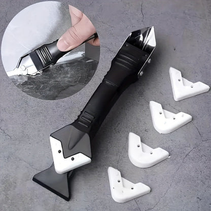 3 Sets, 5-in-1 Multi-Functional Silicone Cleaning Scraper Tool - Grout, Glue, Caulk, Glass, and Sticker Remover for Living Room, Cars, Windows, Cooktops - 5 Replaceable Heads Included