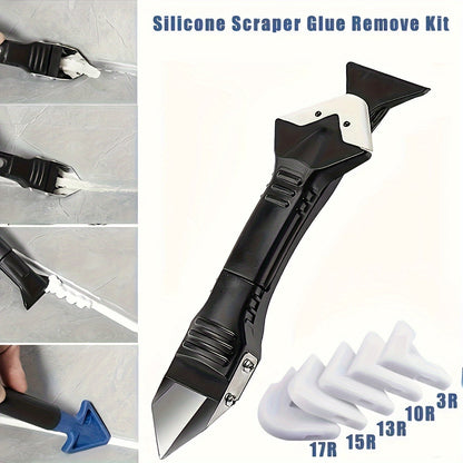 3 Sets, 5-in-1 Multi-Functional Silicone Cleaning Scraper Tool - Grout, Glue, Caulk, Glass, and Sticker Remover for Living Room, Cars, Windows, Cooktops - 5 Replaceable Heads Included